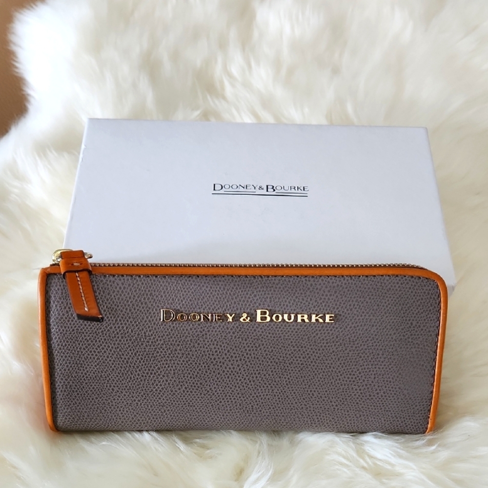 Dooney & Bourke Taupe Wallet with Tan Trim and Gold Logo